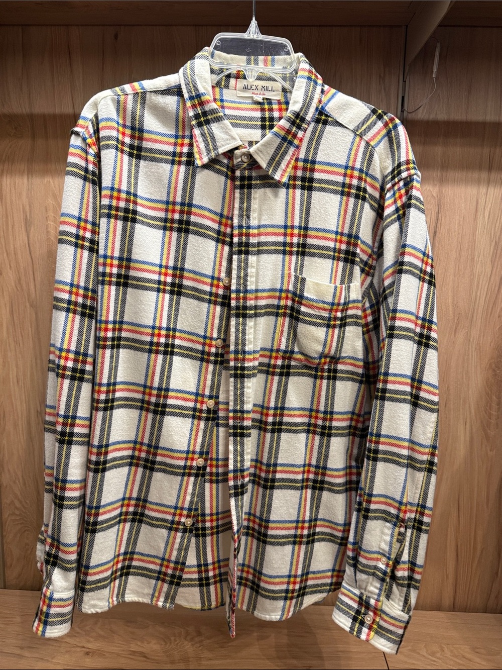 Alex Mill Cream Plaid Button-Down with Black, Red, Blue, Yellow Stripes